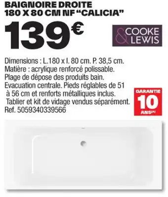 Brico Dépôt BAIGNOIRE DROITE 180 X 80 CM NF "CALICIA" offre
