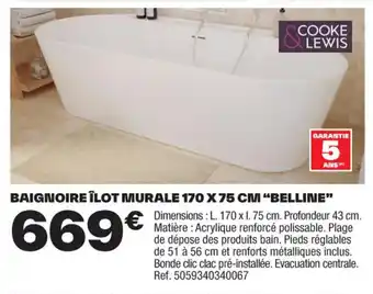 Brico Dépôt BAIGNOIRE ÎLOT MURALE 170 X 75 CM "BELLINE" offre