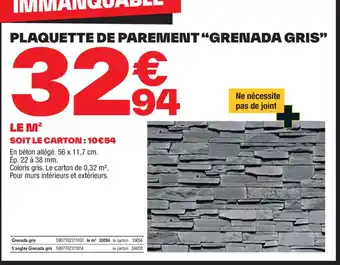 Brico Dépôt PLAQUETTE DE PAREMENT "GRENADA GRIS" offre