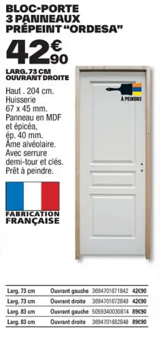 Brico Dépôt BLOC-PORTE 3 PANNEAUX PRÉPEINT "ORDESA" offre