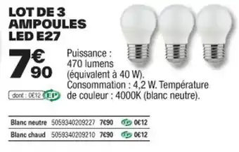 Brico Dépôt LOT DE 3 AMPOULES LED E27 offre