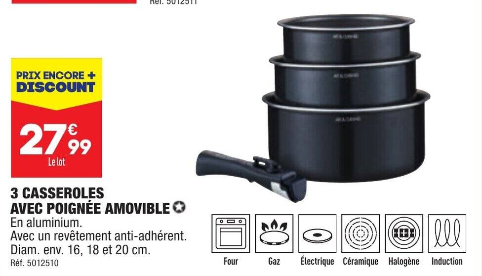 Promo 3 CASSEROLES AVEC POIGNÉE AMOVIBLE En aluminium. chez ALDI