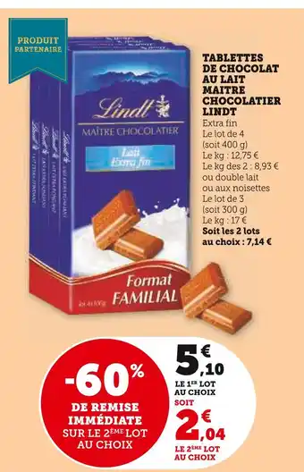 U Express Lindt tablettes de chocolat au lait maitre chocolatier offre