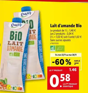 Lidl Envia lait d’amande bio offre