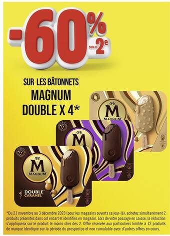 Casino Hyperfrais Magnum -60% sur le 2e sur les bâtonnets magnum double x 4 offre
