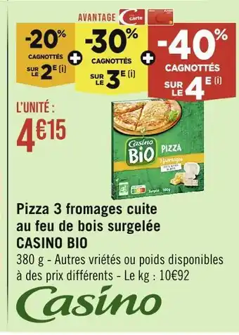 Casino Supermarchés Casino bio pizza 3 fromages cuite au feu de bois surgelée offre