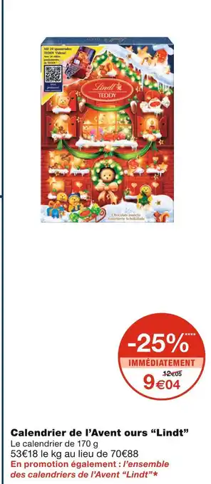 Monoprix Lindt calendrier de l’avent ours offre