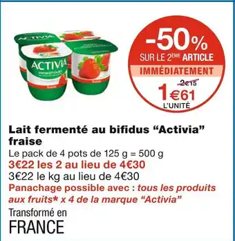 Monoprix Activia lait fermenté au bifidus fraise offre