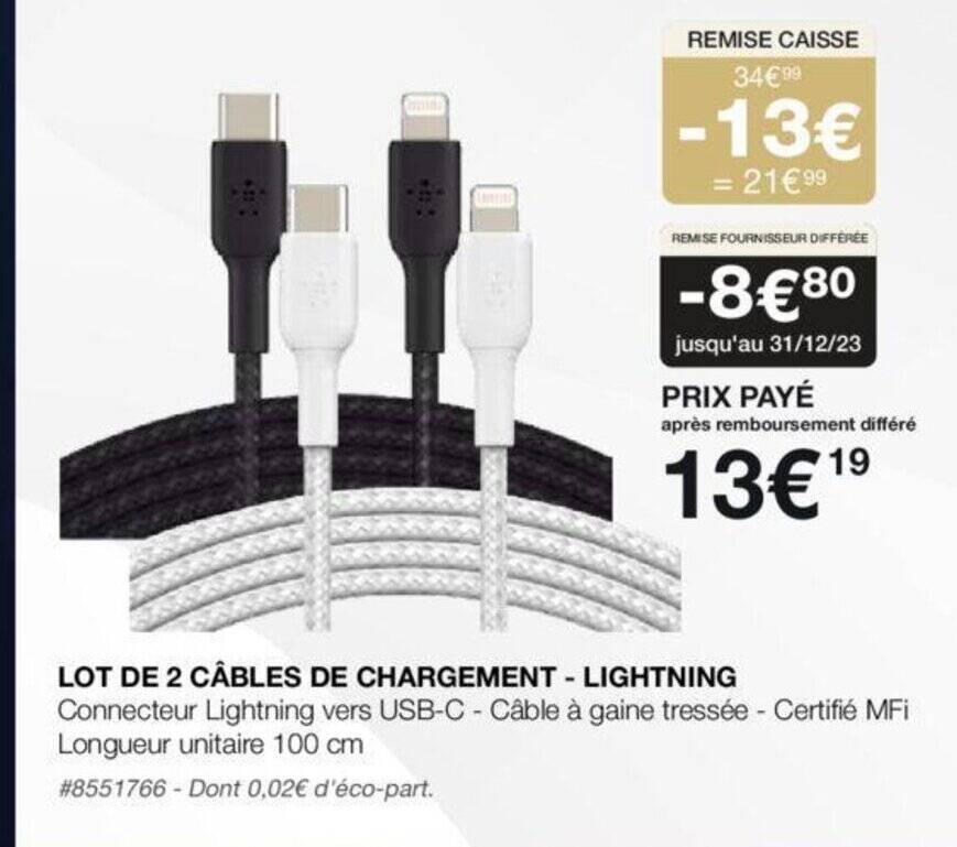 Promo LOT DE 2 CÂBLES DE CHARGEMENT LIGHTNING chez Costco