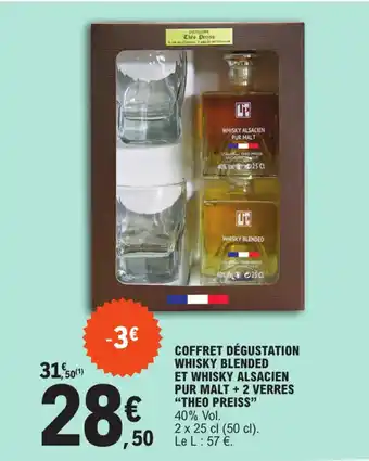 E.Leclerc COFFRET DÉGUSTATION WHISKY BLENDED ET WHISKY ALSACIEN PUR MALT + 2 VERRES "THEO PREISS" 40% Vol. 2 x 25 cl (50 cl). offre