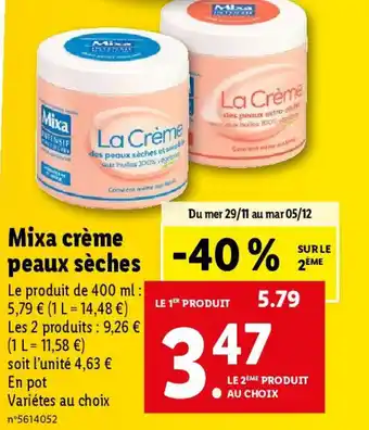 Lidl Mixa crème peaux sèches offre