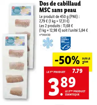 Lidl Dos De Cabillaud MSC Sans Peau offre