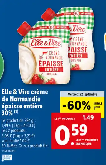 Lidl Elle & Vire Crème De Normandie Épaisse Entière 30% offre