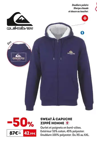 Sport 2000 Quicksilver sweat à capuche zippé homme offre