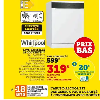 Hyper U Whirlpool lave-vaisselle 14 couverts offre