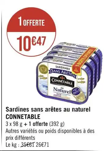 Casino Supermarchés Connetable sardines sans arêtes au naturel offre
