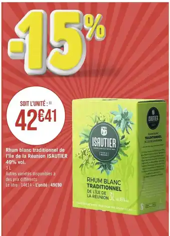 Casino Supermarchés Isautier rhum blanc traditionnel de l’ile de la réunion 49% vol offre