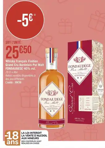 Fondaudege whisky français finition grand cru bordelais pur malt 40% vol