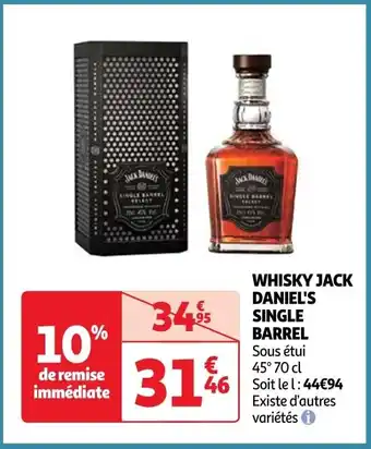 Auchan WHISKY JACK DANIEL'S SINGLE BARREL Sous étui 45° 70 cl offre