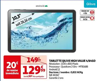 Auchan TABLETTE QILIVE HIGH VALUE 4/64GO offre