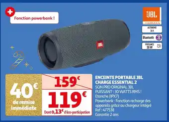 Auchan ENCEINTE PORTABLE JBL CHARGE ESSENTIAL 2 SON PRO ORIGINAL JBL PUISSANT : 30 WATTS RMS! Etanche (IPX7) offre