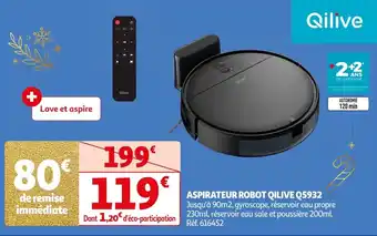 Auchan ASPIRATEUR ROBOT QILIVE Q5932 Jusqu'à 90m2, gyroscope, réservoir eau propre 230ml, réservoir eau sale et poussière 200ml. offre