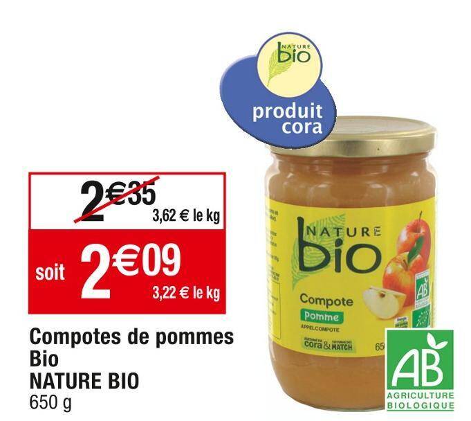 Promo Nature bio compotes de pommes bio chez Cora