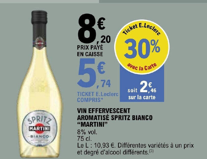 Promo VIN EFFERVESCENT AROMATISÉ SPRITZ BIANCO "MARTINI" chez E.Leclerc