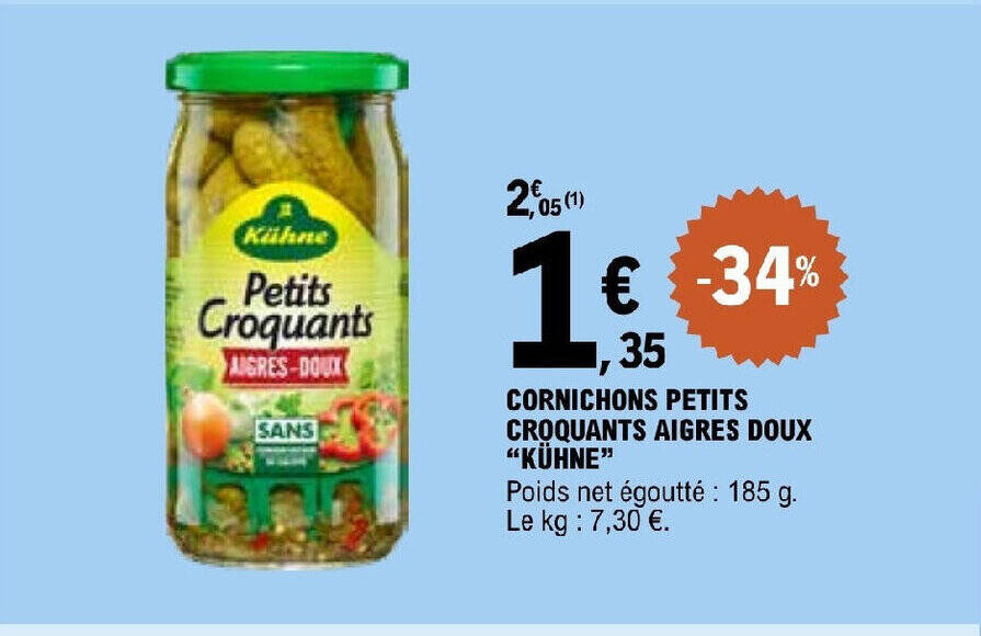 Promo CORNICHONS PETITS CROQUANTS AIGRES DOUX "KÜHNE" chez E.Leclerc