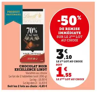 Super U Lindt chocolat noir excellence offre