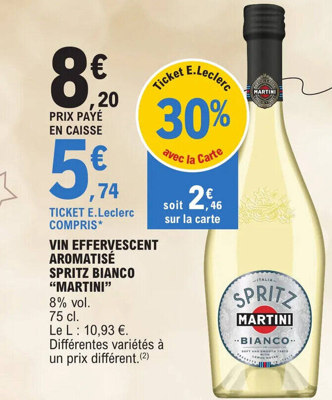 Promo VIN EFFERVESCENT AROMATISÉ SPRITZ BIANCO "MARTINI" chez E.Leclerc