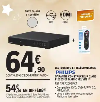 E.Leclerc LECTEUR DVD ET TÉLÉCOMMANDE PHILIPS offre