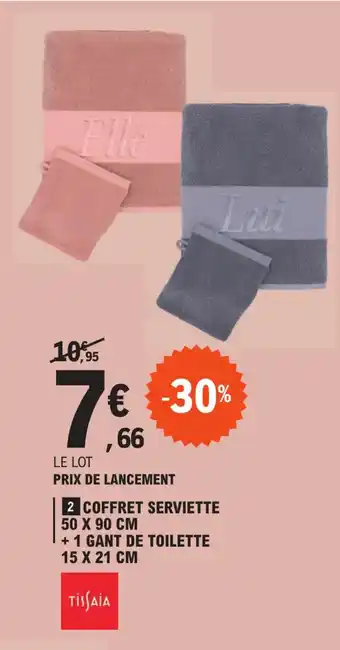 E.Leclerc COFFRET SERVIETTE + 1 GANT DE TOILETTE 15 X 21 CM offre