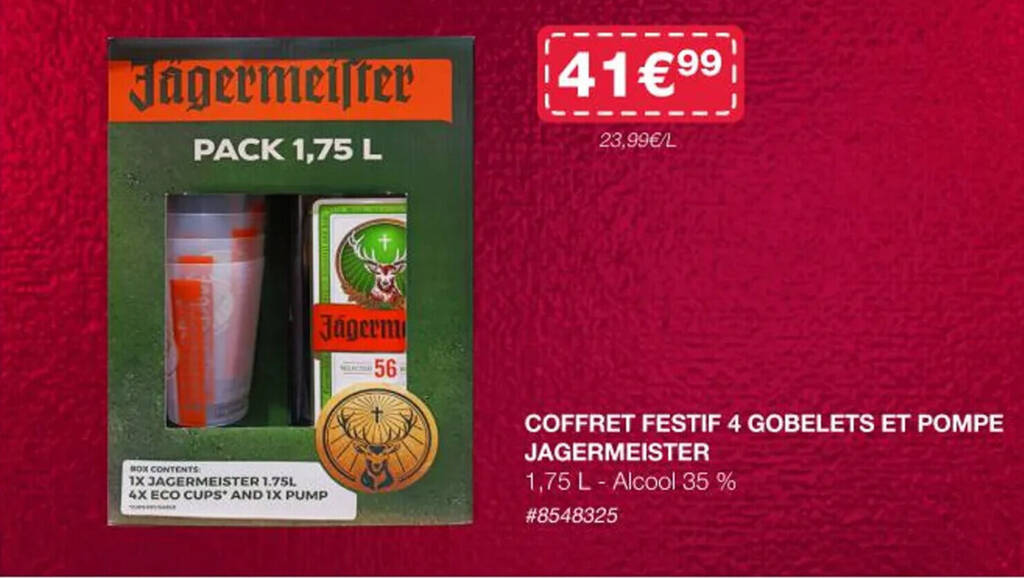 Promo COFFRET FESTIF 4 GOBELETS ET POMPE JAGERMEISTER chez Costco