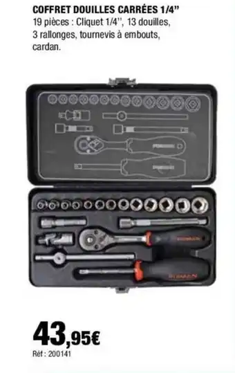 Autobacs COFFRET DOUILLES CARRÉES 1/4" 19 pièces: Cliquet 1/4", 13 douilles, 3 rallonges, tournevis à embouts, cardan. offre