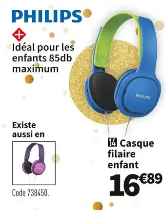 Conforama Philips casque filaire enfant shk2000 bleu offre
