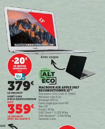 Hyper U MACBOOK AIR APPLE 2017 RECONDITIONNE 13 offre