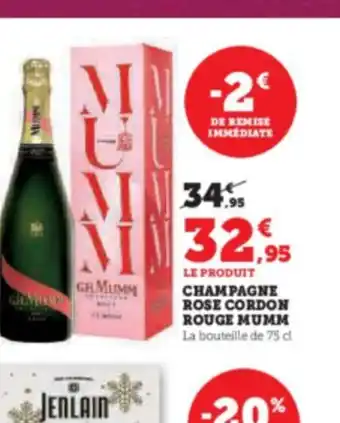 Hyper U LE PRODUIT CHAMPAGNE ROSE CORDON ROUGE MUMM offre