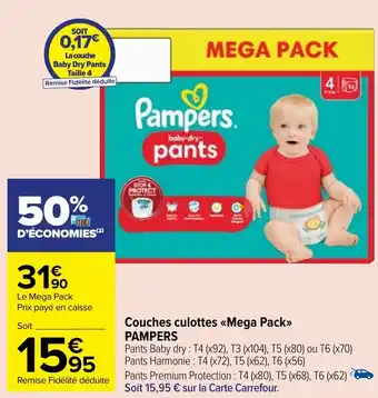 Carrefour Market Couches culottes «Mega Pack>> PAMPERS offre