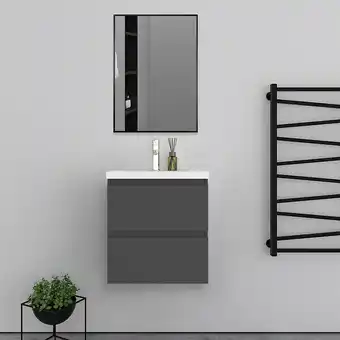 Meuble salle de bain 2 tiroirs avec lavabo et miroir encadré–anthracite l.50 x w.38.5 x h.52 cm