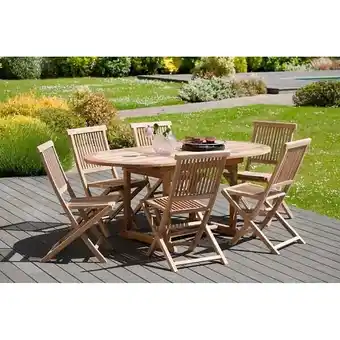 Bricorama Harris - salon de jardin en bois teck 4/6 pers - ensemble de jardin - 1 table ovale extensible 120/180*90 cm et 6 chaises offre