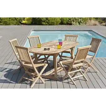 Bricorama Harris - salon de jardin en bois teck 6/8 pers : ensemble de jardin : 1 table ovale extensible 150*200/90cm et 6 chaises offre