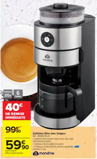 Carrefour Cafetière filtre avec broyeur offre