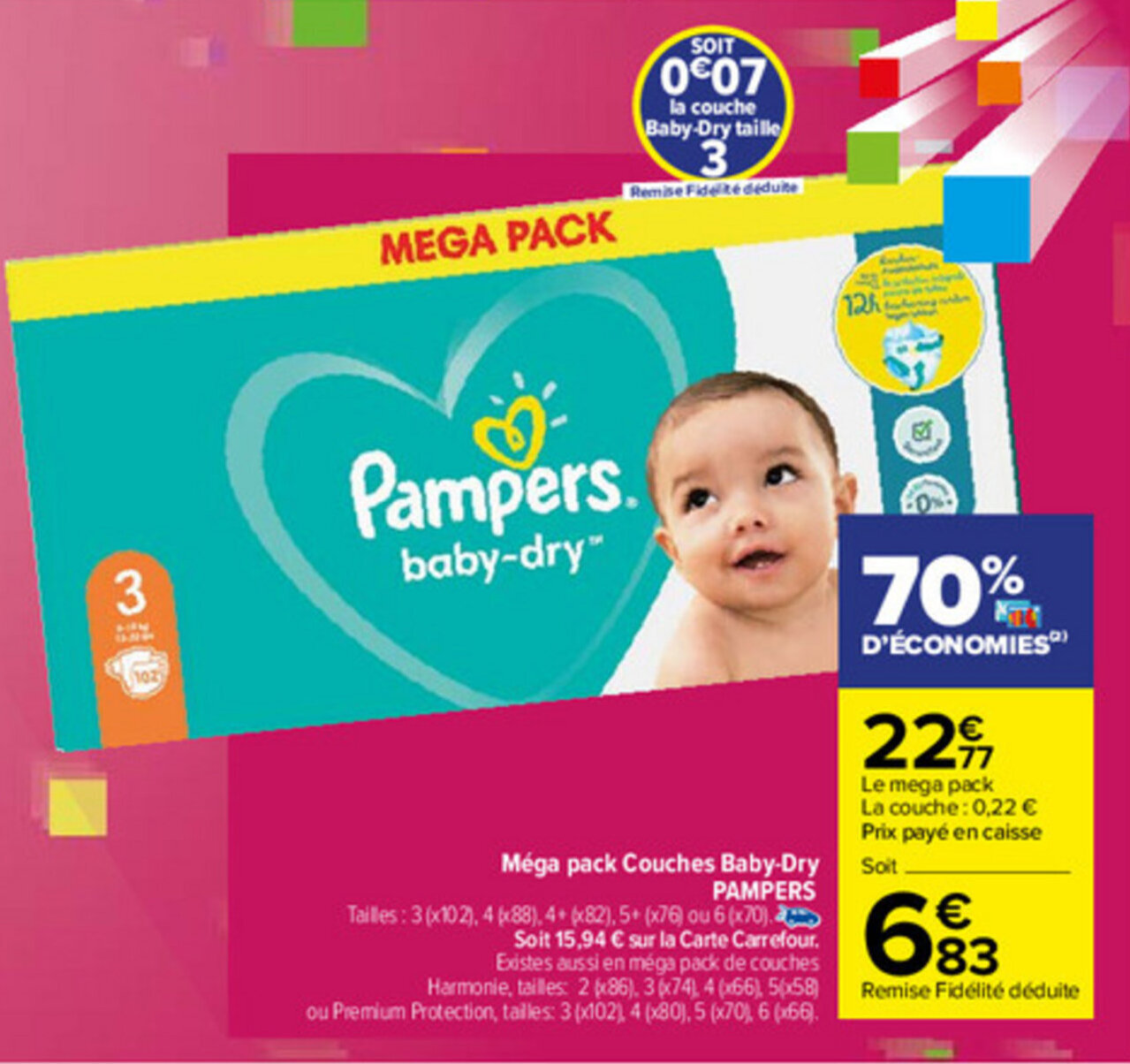 Promo Méga Pack Couches BabyDry Pampers chez Carrefour