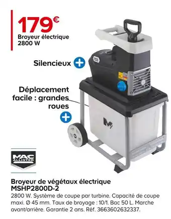 Castorama Mac allister broyeur de végétaux électrique mshp2800d-2 offre