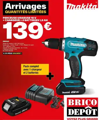Brico Dépôt PERCEUSE VISSEUSE 18 V + CHARGEUR + 2 BATTERIES 1,5 AH offre