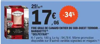 E.Leclerc FOIE GRAS DE CANARD ENTIER DU SUD-OUEST TERROIR - BARQUETTE "DELPEYRAT" offre