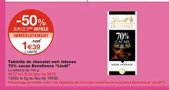 Monoprix Lindt tablette de chocolat noir intense 70% cacao excellence offre