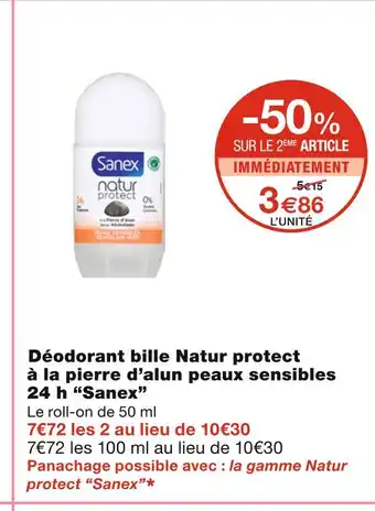 Monoprix Sanex déodorant bille natur protect à la pierre d’alun peaux sensibles 24 h offre