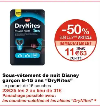 Monoprix Drynites sous-vêtement de nuit disney garçon 8-15 ans offre